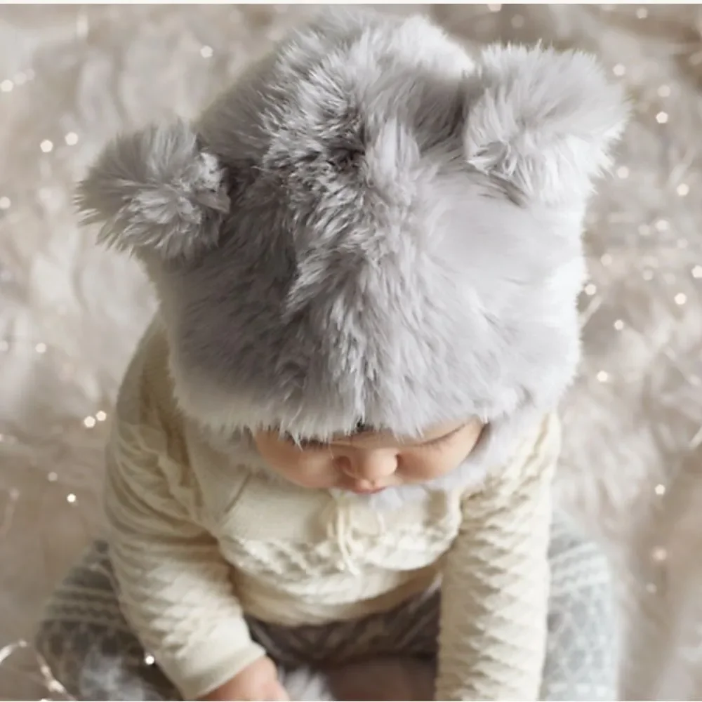 Restoration Hardware LUXE Fur Baby Animal Hood - Grey - 12 Months NWT